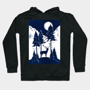 Stag in Moonlit Mountains Linocut Hoodie